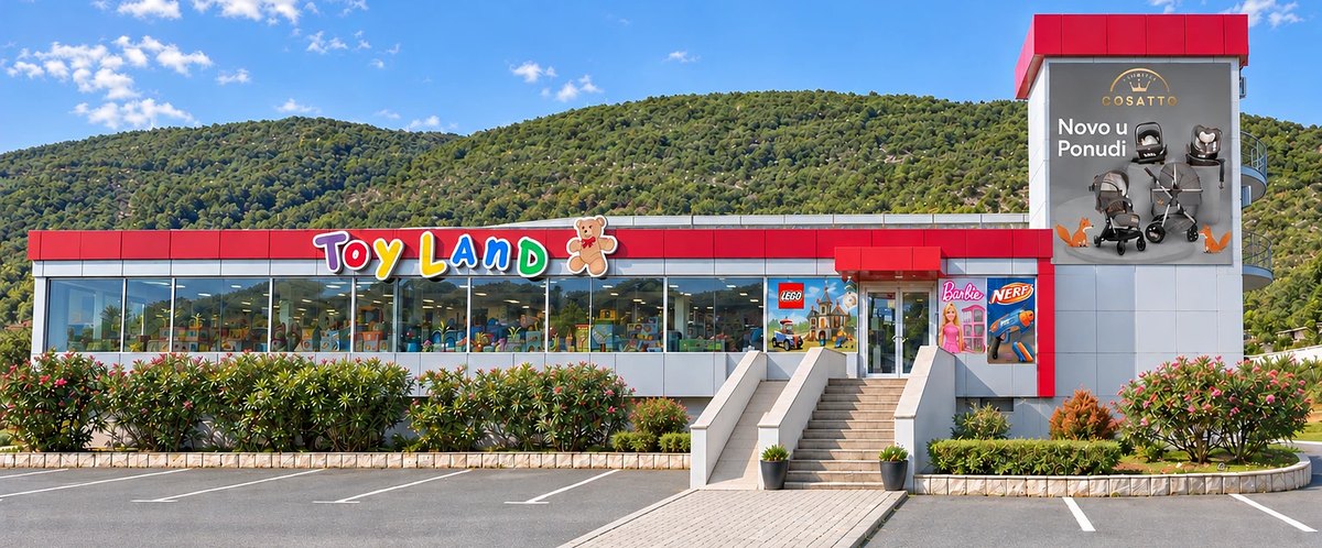 Toyland Megastore u Lastvi Grbaljskoj: izlog, ulazne stepenice, toranj i parking ispred prodavnice