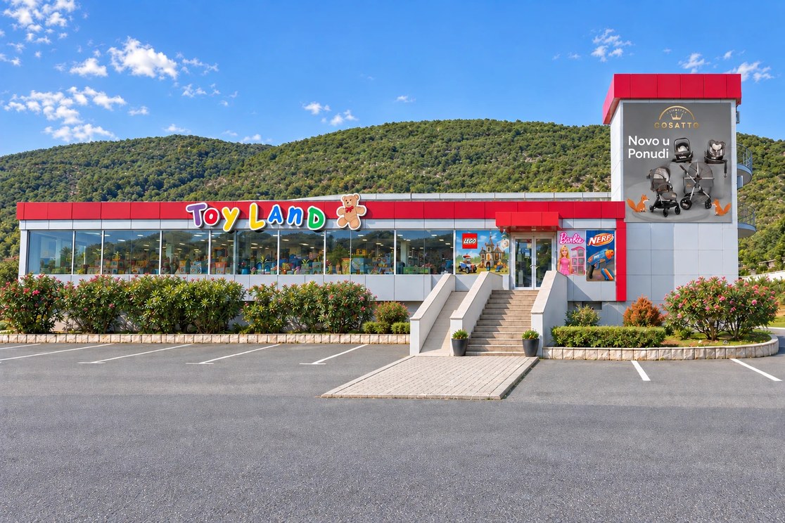 Toyland Megastore u Lastvi Grbaljskoj: izlog, ulazne stepenice, toranj i parking ispred prodavnice