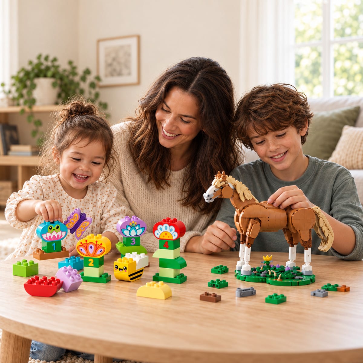 Mama i dvoje djece slažu LEGO kocke za stolom u dnevnoj sobi