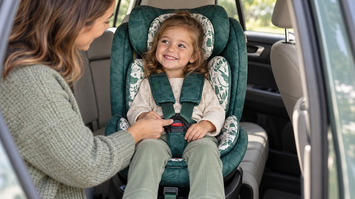 Mama vezuje nasmijano dijete u auto sjedištu